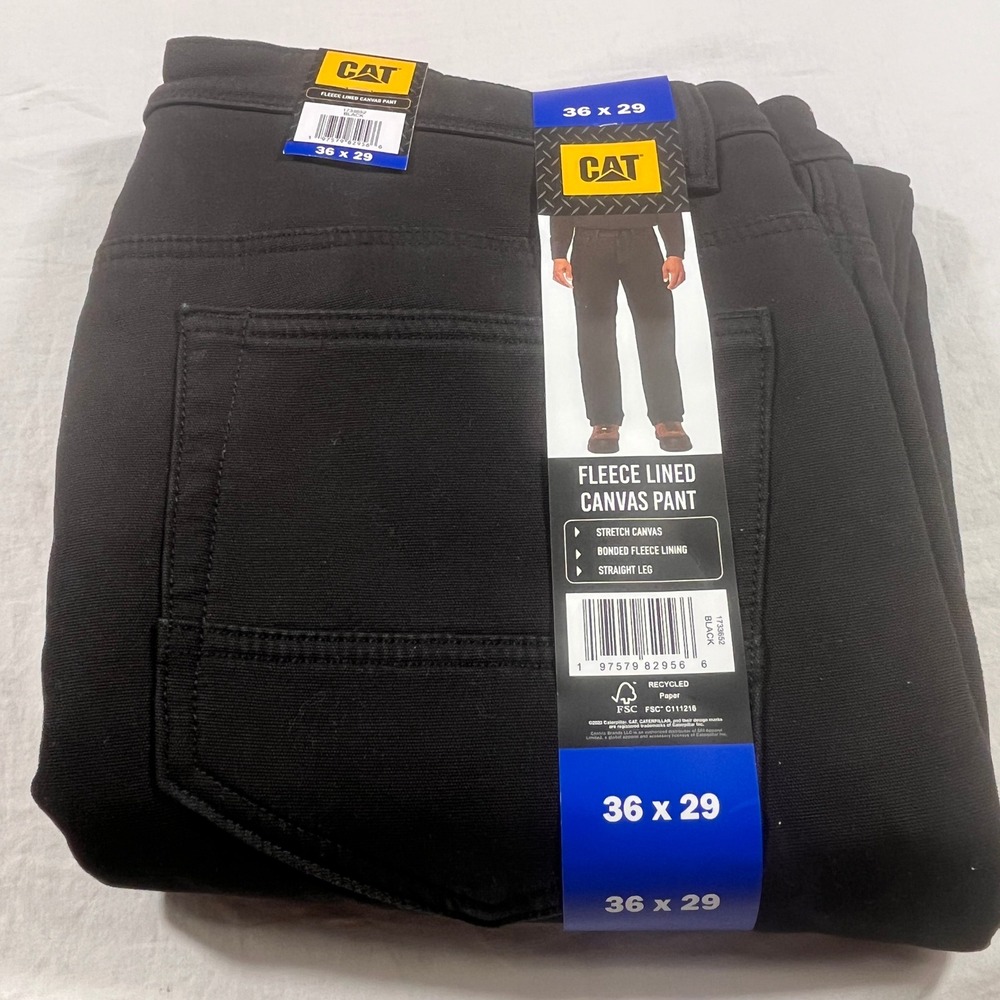 CAT Fleece Lined Canvas‎ Pant Mens 36x29 Black NEW Stretch Straight Leg New